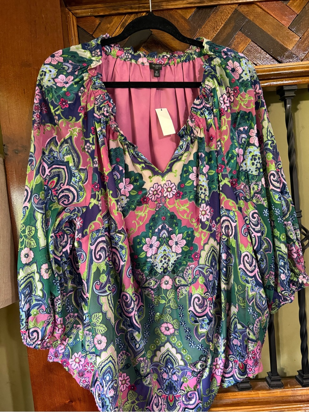 Talbots Pink, Green & Navy Floral Peasant Blouse
